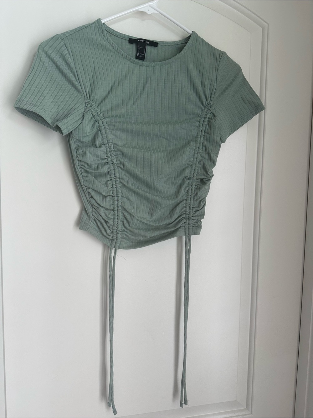 Forever 21 Sage Green Ribbed Ruched Drawstring Crop Top